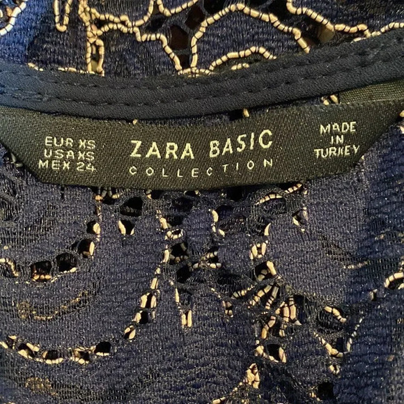 Zara Extra Small Navy Blue Lace Short Sleeve Blouse Top Shirt Cropped - Picture 5 of 6